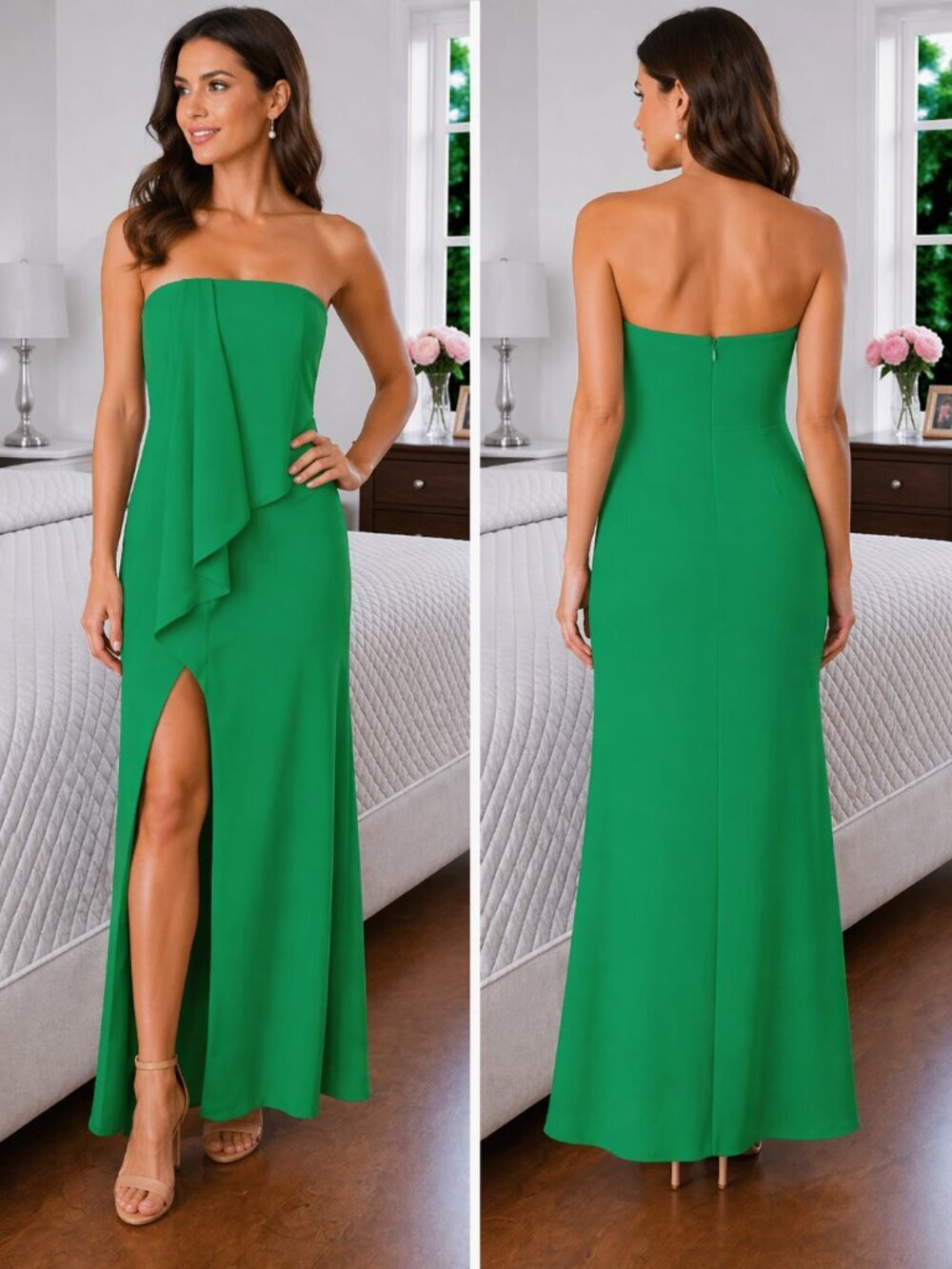 NWT BCBGMAXAZRIA Green Draped Front Strapless Gown $298